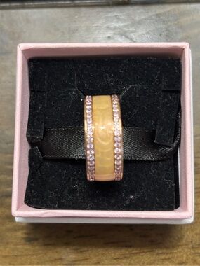 Authentic Pandora Rose Gold Pink Enamel Band Ring with Crystal Accents.